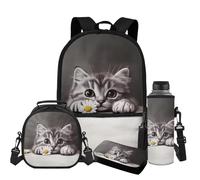 YDFISH Cat Daisy Teen Girls Backpack for School Kids Bookbag and Lunch Box Set 4Piece Primary Elementary School Student Bookbag with Pencil Case Water Bottle Holder with Strap Back to School Gifts