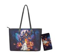 YDFISH Halloween Tote Handbag Wallet for Women Ladies,Haunting House Ghost Small Handbag and Wallet Set,Lightweight Travel Shoulder Bag Purse All in One