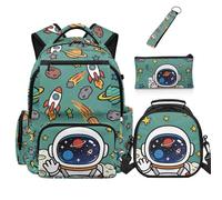 YDFISH Rockets Boys Bookbag Age 8-10 Spaceman Boys Elementary School Backpack with Lunch Box 4 in 1 Polyester School Bag Set for Picnic Camping Travel Daypack