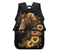 YDFISH Sunflower Horse School Bag for Girls 14-16 Black Backpack Elementary Students Bookbag Cute School Bags 17 Inch Lightweight Large Capacity Bookpack with Font Pocket