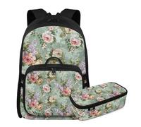 YDFISH Vintage Peony School Backpack for Teens Girls 17inch Bookbag with Lunch Box Tote Bag Pencil Pen Case 3PCS Large Capacity School Bag Set Elementary School Book Bag Satchel Bags