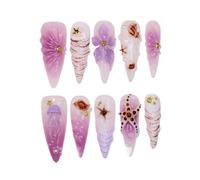 YDMHYLAI Cute Nails 10Pcs Long Stiletto Press On Nails, Floral Art Acrylic Tip Set, Soft Lightweight Easy Clean(WHITE)