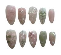 YDMHYLAI Cute Nails 24pcs Light Green Almond Press On Nails, Pearl Gold Bows Colorful Diamond Decor, Reusable Soft Set(Y7)
