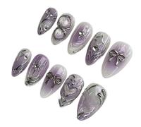 YDMHYLAI Cute Nails 24Pcs Metallic Silver Plated Heart Gradient Press On Nails, Almond Full Coverage Soft Set(A1634)