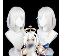 ydound Anime Coser wig 14inch Genshin Impact Wig,Anime Cosplay Paimon Wig, Silver Gray Wig with Free Wig Cap, for Halloween, Party, Carnival, Nightlife, Concerts, Weddings