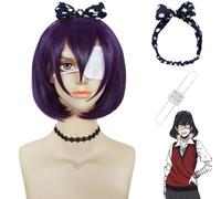 ydound Anime Coser wig Anime Cosplay Costume Kakegurui Wig, Purple Short Hair Natural Bob Wavy Wigs, with Headdress Eye mask Wig Cap, for Halloween, Party, Carnival, Nightlife