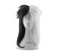 ydound Anime Coser wig Deville Cruella De Vil Cosplay Wigs Half White Half Black Heat Resistant Synthetic Hair Wig+ Wig Cap