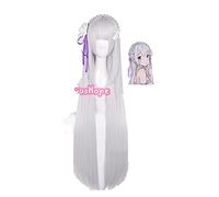 ydound Anime Coser wig Emilia Cosplay Re Zero Cosplay Long Straight 100cm Silver Wig Cosplay Anime Cosplay Wigs Heat Resistant Synthetic Wigs Halloween
