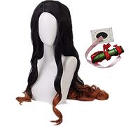 ydound Anime Coser wig Kamado Nezuko Cosplay Wig for Demon Slayer Kimetsu no Yaiba 37 inch Long Curly Black Orange Gradient Hair with Bamboo + Cap Pink Ribbon