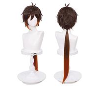 ydound Brown Wig for Zhongli Genshin Impact Anime Spiky Fluffy Cosplay Hair Wigs with Ponytails + Cap Cosplay Anime Wig Coser