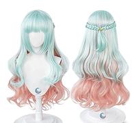 ydound Kuon Shinzaki Wig High Rise Invasion Cosplay Wig Long Blue Curly Wig with Bangs Light Blue Pink Gradient Wavy Wig Accessories Cosplay Anime Wig Coser