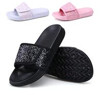 ydscsci Girls Slide Sandals Glitter Sequins Pool Sliders Kids Shower Slippers Beach Flip Flops Hook and Loop Non-slip Thick sole Big Kid Black Size 1 1.5