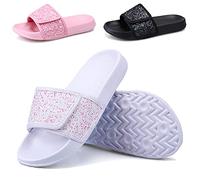 ydscsci Girls Slide Sandals Glitter Sequins Pool Sliders Kids Shower Slippers Beach Flip Flops Hook and Loop Non-slip Thick sole Big Kid White Size 3