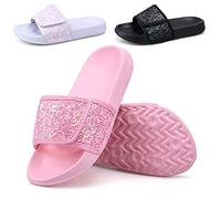 ydscsci Girls Slide Sandals Glitter Sequins Pool Sliders Kids Shower Slippers Beach Flip Flops Hook and Loop Non-slip Thick sole Big Kid Pink Size 1 1.5