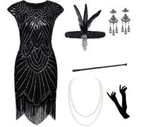 Ydsxlp 1920s Dresses for Women Sequin Fringed Cocktail Dresses with 20s Accessories Set Vintage Round Neck Short Sleeve Party Dress Sequin Beaded Evening Dress Sparkly 20s Costumes(Black,M)