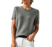 Ydsxlp Womens Knitted Jumpers Summer Elegant Plain Short Sleeve Sweaters Casual Crew Neck Knittted T Shirts Classic Loose Fit Knit Pullover Office Work Blouse T-Shirt for Spring Fall(Grey,L)