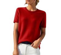 Ydsxlp Womens Knitted Jumpers Summer Elegant Plain Short Sleeve Sweaters Casual Crew Neck Knittted T Shirts Classic Loose Fit Knit Pullover Office Work Blouse T-Shirt for Spring Fall(Red,L)