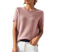 Ydsxlp Womens Knitted Jumpers Summer Elegant Plain Short Sleeve Sweaters Casual Crew Neck Knittted T Shirts Classic Loose Fit Knit Pullover Office Work Blouse T-Shirt for Spring Fall(Pink,M)