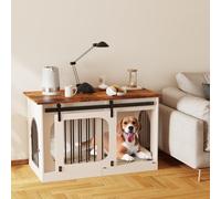 YDTOP XL Dog Crate Furniture, 100cm Wooden Dog Cage with Removable Cushion, Three Door Dog Crate with Barn Door, Indoor Dog Kennel, End Table, for Small Medium Large Dogs (Rustic Brown + White)