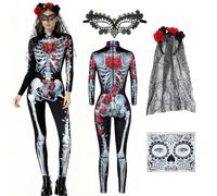 YDUNARISE Women's Halloween Skeleton Costume, Sexy Scary Day of the Dead Costume with Rose Flower Headband, Face Tattoo & Lace Half Mask for Role Play, Carnival Costume Party (Red Rose Skeleton, L)