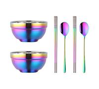 YDware Rainbow Stainless Steel Bowl Set 6 Pieces, 2 Double Layer Anti-Hot Soup Bowls, Salad Bowls, Rice Bowls, 2 Tablespoons, 2 Pairs of Chopsticks, Dishwasher Safe