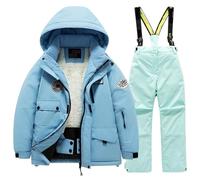 YDYAENIO Children's Ski Suit Set with Thick Waterproof and Warm Snow Village Clothes(Blue-green,16)