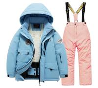 YDYAENIO Children's Ski Suit Set with Thick Waterproof and Warm Snow Village Clothes(Blue-light pink,16)