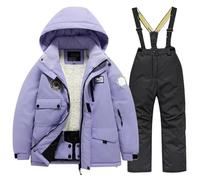 YDYAENIO Children's Ski Suit Set with Thick Waterproof and Warm Snow Village Clothes(Purple-black,8)