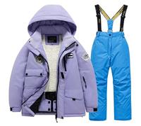 YDYAENIO Children's Ski Suit Set with Thick Waterproof and Warm Snow Village Clothes(Purple-blue 1,10)