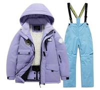 YDYAENIO Children's Ski Suit Set with Thick Waterproof and Warm Snow Village Clothes(Purple-blue,8)