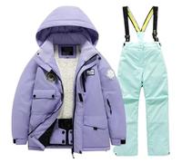 YDYAENIO Children's Ski Suit Set with Thick Waterproof and Warm Snow Village Clothes(Purple-green,8)