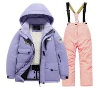 YDYAENIO Children's Ski Suit Set with Thick Waterproof and Warm Snow Village Clothes(Purple-light pink,6)
