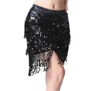 YDYAENIO Latin Belly Dance Sequins Tassel Skirts For Women Sequin Embroidered Performance Costume Fringed Irregular Dance Skirt(Black)