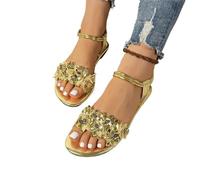 YDYAENIO Women's Narrow Strap Sandals Gold Open Toe Flat Shoes(39)