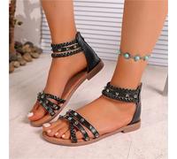 YDYAENIO Women's Sandals Metal Decoration Heel Wrap Flat Sole Rear Zipper Women Shoes(Brown,40)
