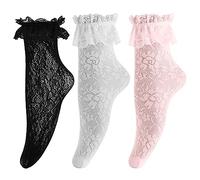YDYSAA Soft Lace Ankle Socks 3 Pairs Women Socks With Ruffle Lace Ankle Socks Lace Ruffle Socks For Women Girls Schoolgirl Clothes Costume, Black, White, Pink, One Size