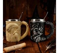 YDZYFFS 15oz Mug - Coffee Cups - Wine Glasses, Alien Coffee Mug, 3D Relief Resin Alien Mug with Spoon, Sci-Fi Fans Unique Drinkware Gift(2pcs)