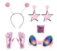 yeabwps 5 Pcs Alien Costume with Antenna Headband Glasses Silver Gloves Earring Face Glitter for Space Halloween Costume, Pink, Medium