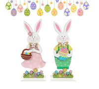 YeaHapiday Stand Up Wooden Easter Bunny Decorations Set of 2, Happy Easter Table Sign with Cute Rabbits & Eggs, Easter Wooden Decor for Tabletop Spring Home Office Shelf Display