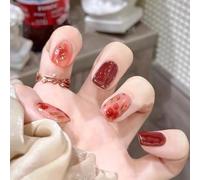 Yeahbo Short Square False Nails Red Flower 24Pcs with Glue,Stick On Gel Nails for Women French Tip Acrylic Press On Nails Short Fake Nail Set with Gold Foil Flower Design