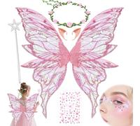 YeahBoom Children's fairy wings, butterfly wings with elf ears, fairy headband and star fairy wands, butterfly wings, princess wings, wing costume for carnivals or parties
