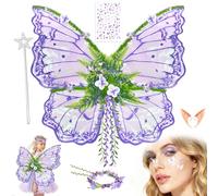 YeahBoom Children's fairy wings, butterfly wings with elf ears, fairy headband and star fairy wands, butterfly wings, princess wings, wing costume for carnivals or parties