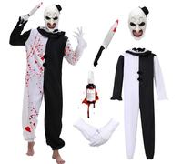 YeahBoom Horror Clown Costume, Art The Clown Costume for Adults, Black White Jumpsuit, Terrifier Clown Hat Mask, Fake Knife Gloves, for Halloween Carnival (M)