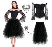 YeahBoom Women's Corset Set, Gothic Vintage Corset Top Pirate Costume with Shoulder Sleeves, Corset Black with Tulle Skirt, Gothic Necklace Bracelets, Gothic Waist Corset, for Women Carnival Cosplay