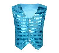 Yeahdor Boys Girls Sequined Vest Top Waistcoat Jazz Hip Hop Dance Stage Performance Costume Fancy Jacket Light Blue 13-14 Years