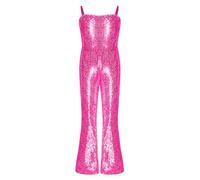Yeahdor Girls 70s 80s Hippie Disco Funky Dance Costume Movie Character Costume Shiny Sequins Cami Jumpsuit Hot Pink 9-10 Years