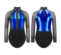 Yeahdor Girls Color Block Unitards Gymnastic Bodysuit Long Sleeve Yoga Workout Ballet Dance Leotard Blue 9-10 Years