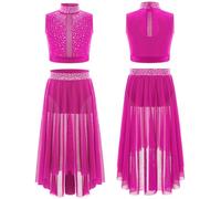 Yeahdor Girls Lyrical Ballet Dance Outfits Two-Piece Jazz Dance Costumes Crop Top with High-Low Mesh Skirt Set Hot Pink 13-14 Years