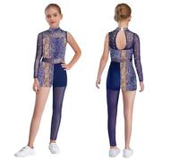 Yeahdor Kids Girls Long Sleeve Gymnastics Leotard Full Body Unitard Asymmetrical Bodysuit Shiny Printed Catsuit