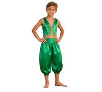 Yeahdor Kids Sultan King Costume Boys Street Rats Costume Green 7-8 Years | Desert Prince,Eastern Royal Outfit,Magic Dress-up,Silky Satin,2 Pcs Sets,Waistcoat with Shorts,Arabian Two Pieces